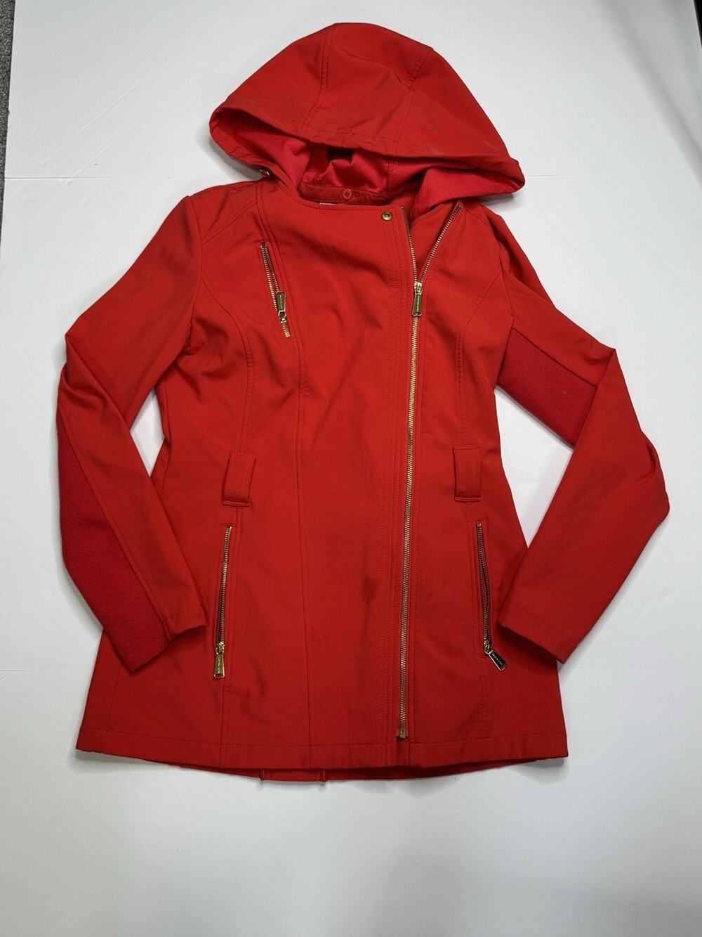 MICHAEL Michael Kors Womens S Red Softshell Asym Gold Zip Hooded Coat No Belt
